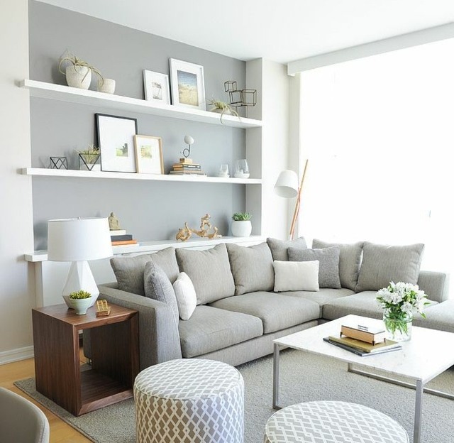 living modern idei de living vopsea de perete gri deschis Idei de viață gri deschis culoare perete rafturi de perete albe