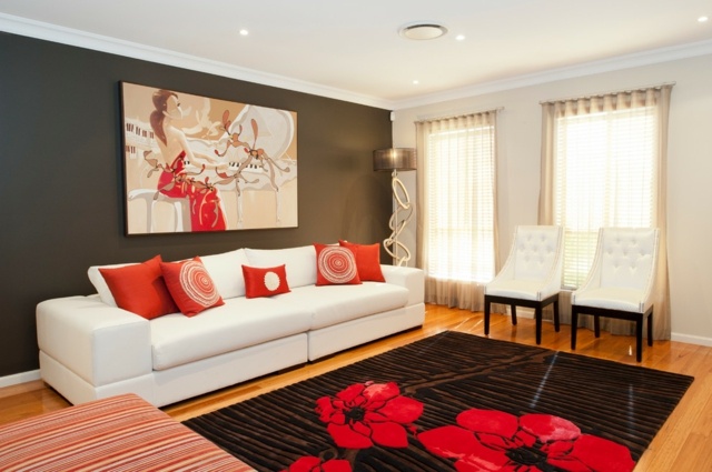 Culoare perete sufragerie gri roșu accente Culoarea peretelui gri roșu accente perne accent