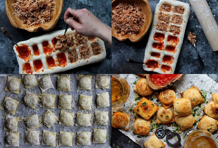 Mușcături de petrecere făcute din pizza, modelate într-o matriță de cub de gheață cu aluat de pizza