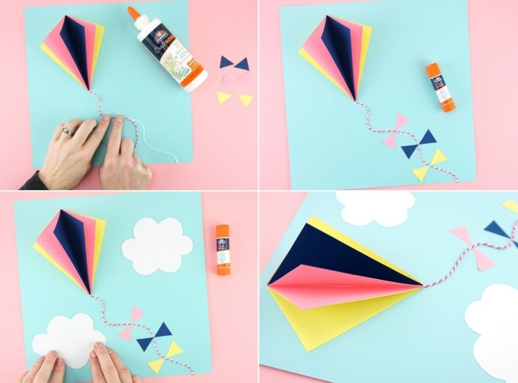 Lipiți dragonul pe hârtie albastră și decorați-l cu nori pentru o imagine de toamnă