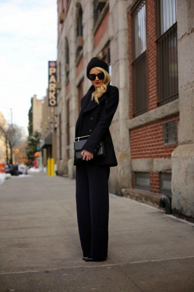 Tinuta de toamna cu pantaloni largi, haina clasica de iarna in negru idei-tinute-toamna-all-in-black-fashion-ladies-classic-wide-pants