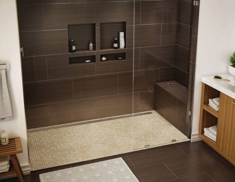 walk-in-shower-brown-dark-mozaic-gresie-pardoseală-bej-bancă-cărămidă-nișă-sticlă-chiuvetă-lemn