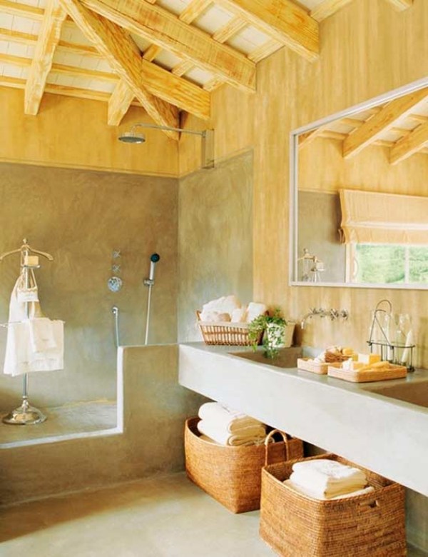 Mobilier rustic pentru baie - coșuri de bare vizibile Idei de amenajare rustică pentru amenajarea băilor, cu coșuri de bare vizibile