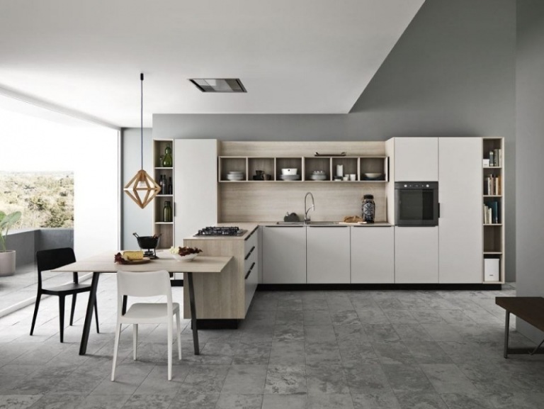 Bucătărie modernă, amenajată, cu mobilier elegant Bucătărie amenajată-insulă de bucătărie-bucătărie modernă peisaj-fronturi de frasin