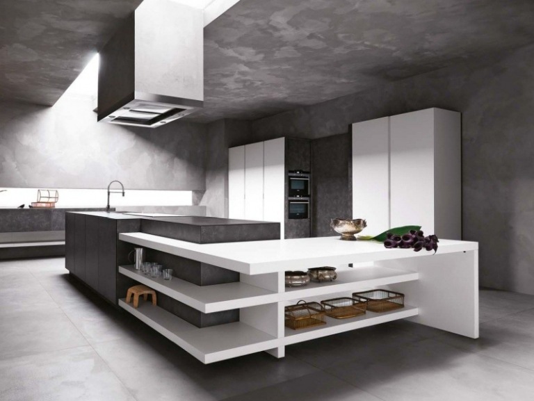 Design modern de bucătărie minimalistă din beton și plastic Bucătărie montată - insulă de gătit-fronturi albe-aspect beton