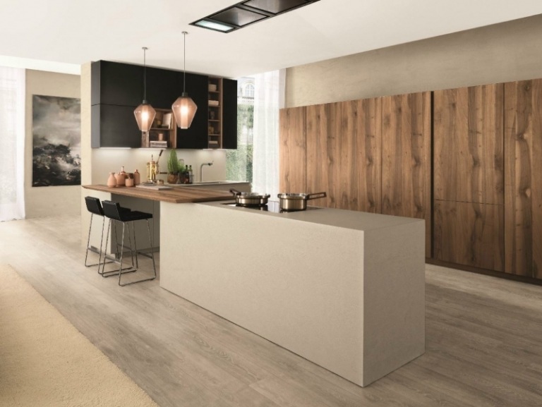 Bucătărie cu fronturi din nuc și design minimalist Bucătărie montată - insulă de gătit-nucă-modernă-cu-bob-alb-mat