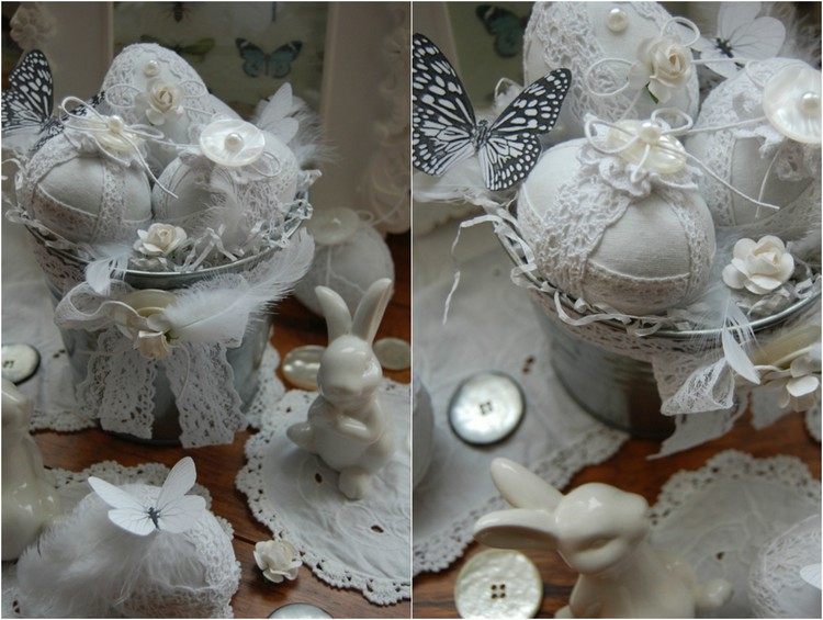 Ornamente vintage - dantelă, fir, nasturi, trandafiri Ouă de Paște-decorați-dantela-alb-aspect-vintage