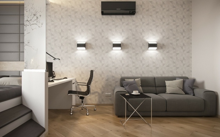 Idei de amenajare pentru camere mici - Livingul are și un mic birou camere idei de amenajare mici lumini de perete tapet canapea masă laterală parchet scări