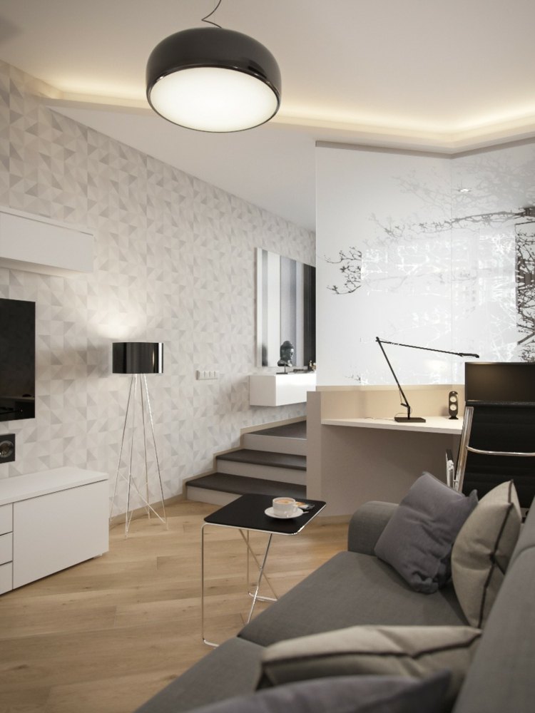 Camera mică găzduiește trei camere idei de amenajare pentru camere mici lampa canapea parchet negru masuta laterala