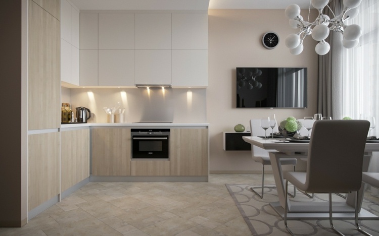 Bucătăria și sala de mese sunt situate într-o cameră mică camere mici idei de amenajare bucătărie luminos masă masă scaun apartament cu o cameră