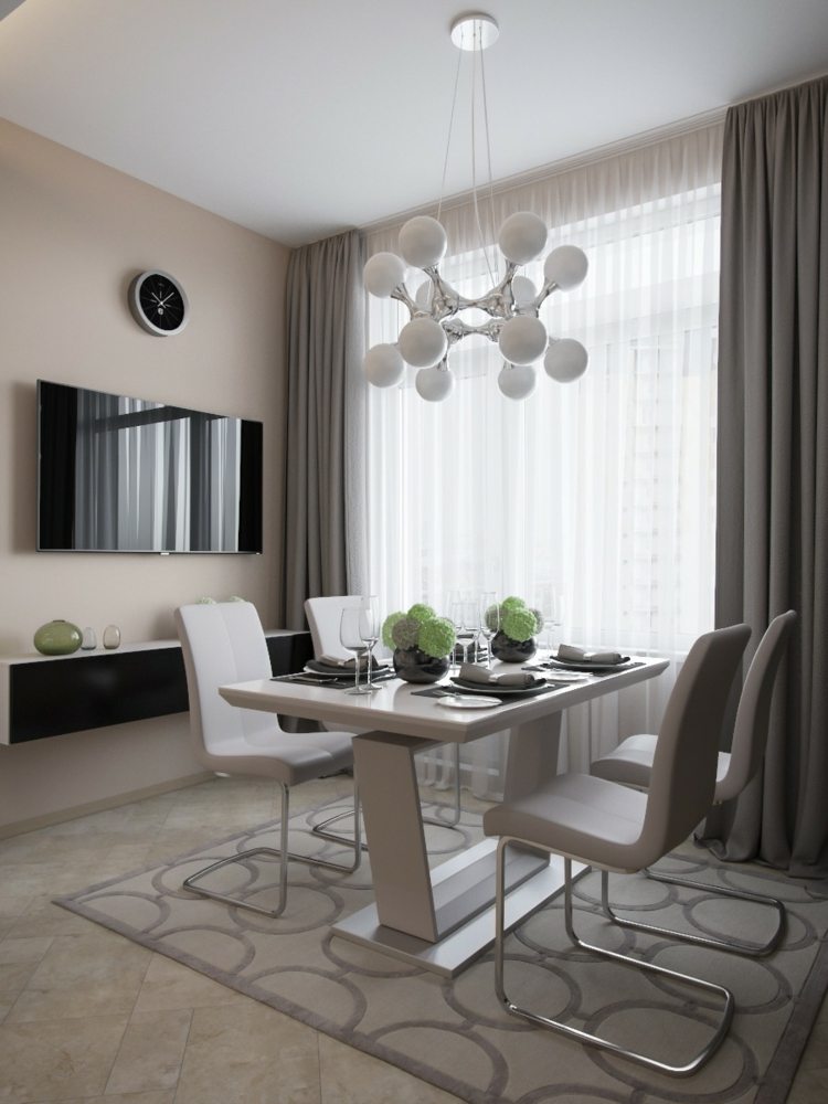 Mobilier de cameră alb în culori albe și gri pentru un aspect elegant camere mici idei de amenajare masa de luat masa design modern covor living lampa de perete