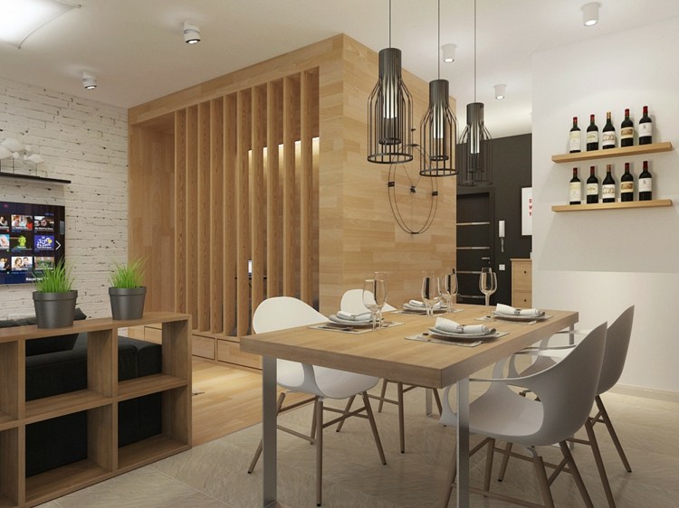 Ideile moderne de amenajare sunt practice într-un apartament mic cu o cameră idei de amenajare pentru camere mici zona de luat masa masa mese raft scaune moderne