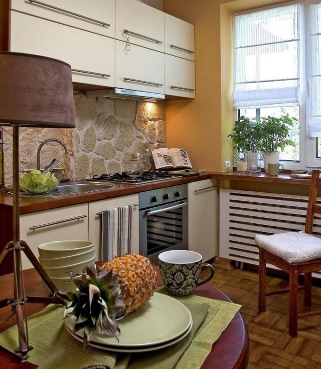 bucătărie mică amenajare idei piatră naturală rustică perete din spate mici-bucătărie-mobilier-idei-rustic-piatră-natural-perete din spate