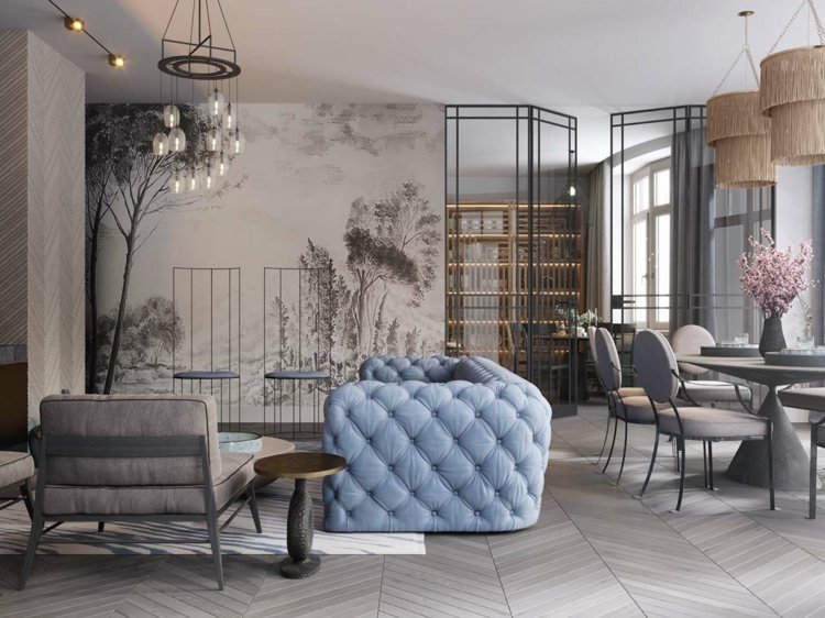 schema de culori a livingului gri albastru taupe