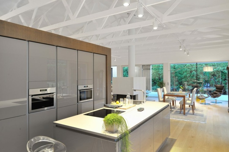 zonă de luat masa bucătărie insulă tavan alb