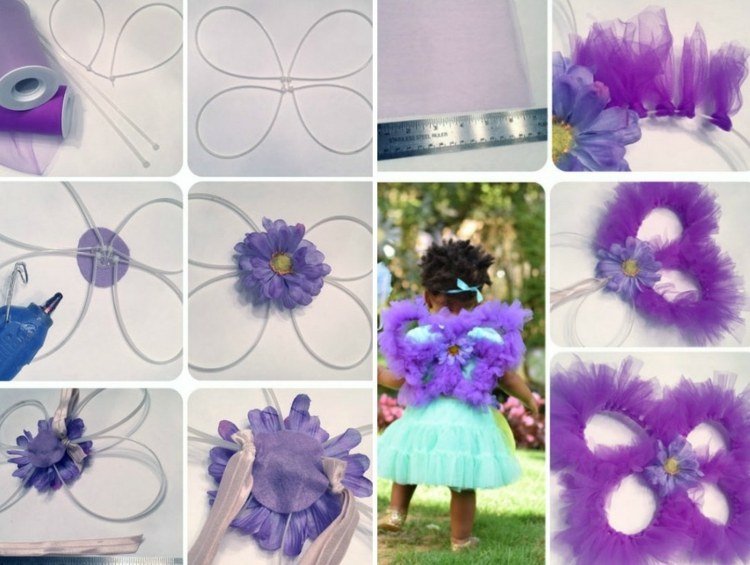 Aceste aripi sunt realizate din șnur și tul zână-aripă-tinere-tuell-floare-accent-violet-sârmă de culoare