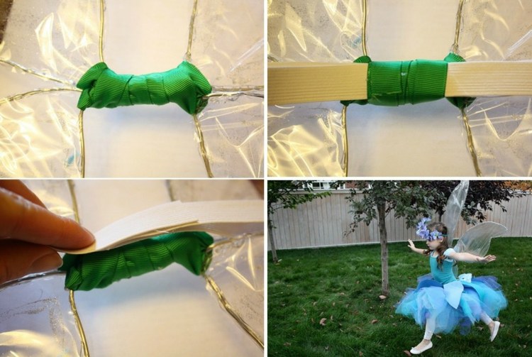 Aripile de zână pot fi decorate cu sclipici și alte lucruri aripi de zână-tricou-verde-panglică-cravată-accesorii-costum-sărbătoresc