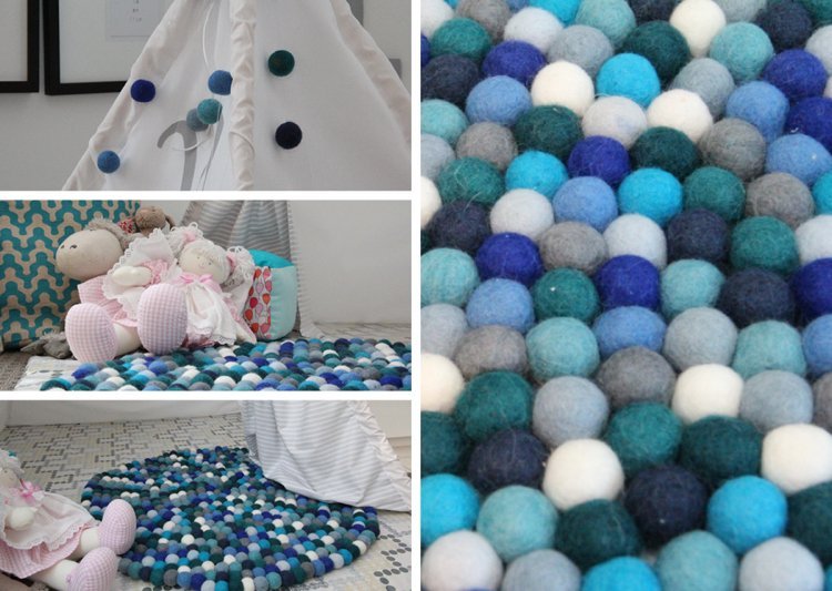 Felt-ball-carpet-round-do-it-yourself-blue-white-camera pentru copii