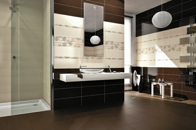 tava de dus cu tigla maro cabina de dus dreptunghiulara Cabină de duș-maro-gresie-perete-cu-lampă-cu-model-floral-pandantiv