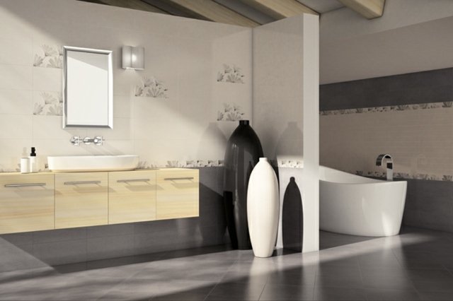 Decorare vaze gresie gri pe podea gresie model perete flori Plăci-deco-în-baie-cu-modele-de-flori-luminoase-și-antracite