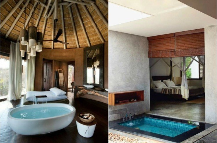 Baie și dormitor într-o singură cameră cu mobilier exotic cadă-dormitor-pat-maro-perdele-albe-mobilier-exotic