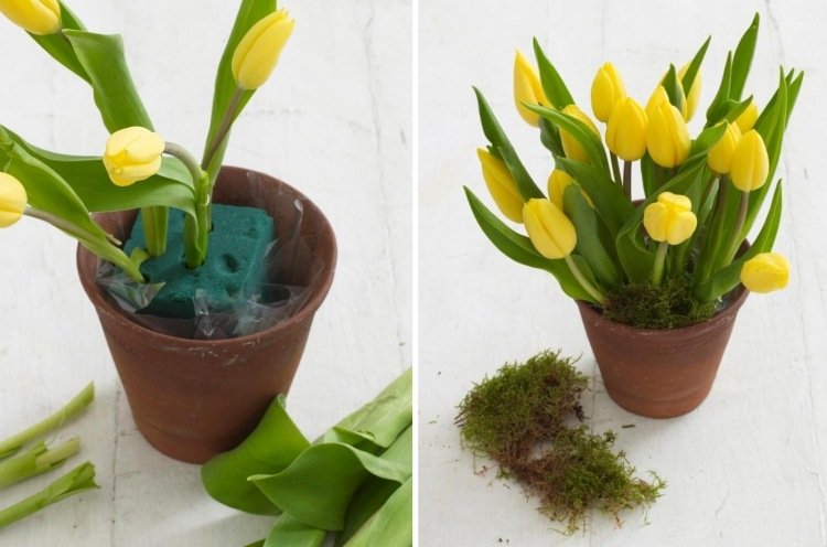 decorare-primavara-lalele-flori-burete-ghiveci-argila-lalele-galbene