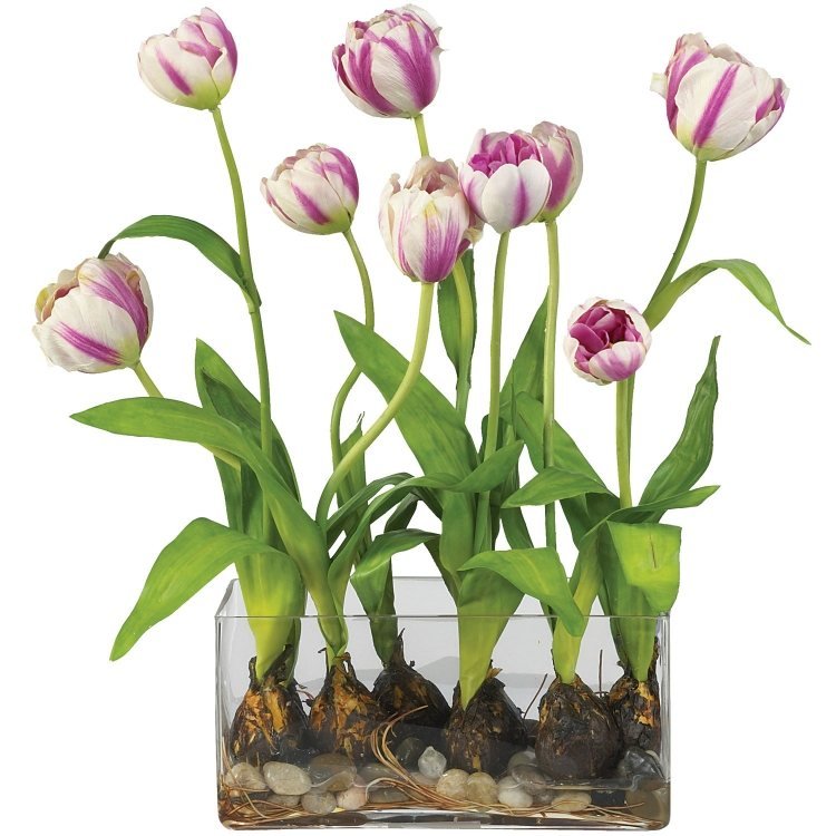 Decor de primăvară cu lalele aranjând-dreptunghiular-sticlă-vază-pietriș