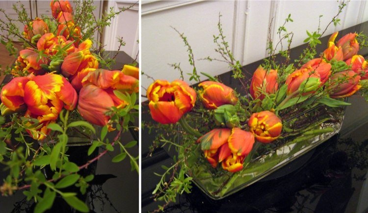 Decor de primăvară cu lalele-aranjare-paniculă-albă-grifsheim-crenguțe