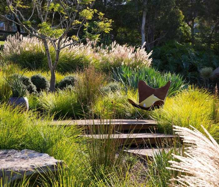 grădină naturală design ierburi plante grădină cale fotoliu copac