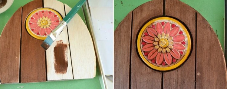 Vopsirea ușii gnomului DIY decorare-grădină-față-singură-culoare-maro-lemn-lemn-lac-medalion
