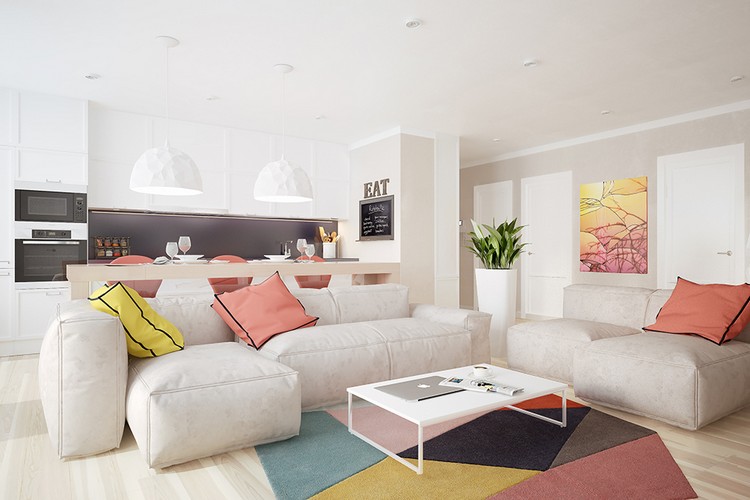 sufragerie-spațioasă-zonă de luat masa-în spatele-canapelei-bucătăriei-albe-perne-colorate