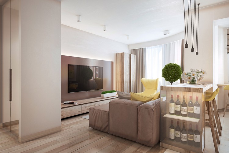 cameră de zi spațioasă-zonă de luat masa-tonuri maro-accente-galbene-garnituri de bucătărie-rafturi de vin din lemn