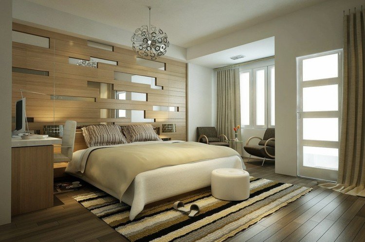 Idei de design pentru dormitoare - un perete accent din lemn și o oglindă idei de design pentru dormitoare mobilier luminos perete accent oglinda lemn perete alb