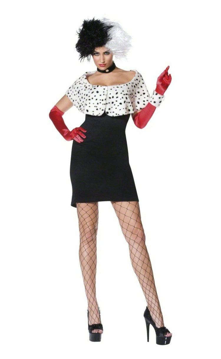 Costum de carnaval Cruella Deville de la 101 dalmați costume-de-carnaval-ieftine-dalmați-cruella-negru-alb-mănuși-roșii