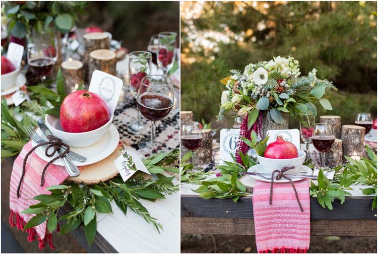 Decorarea mesei rustic trunchi copac felie copac ramuri verzi rodie