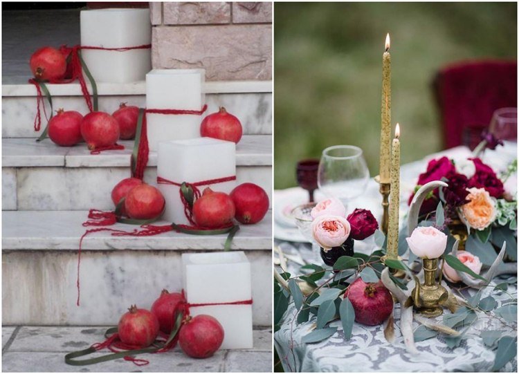 Decor de rodie în combinație cu lumânări de stâlp și băț