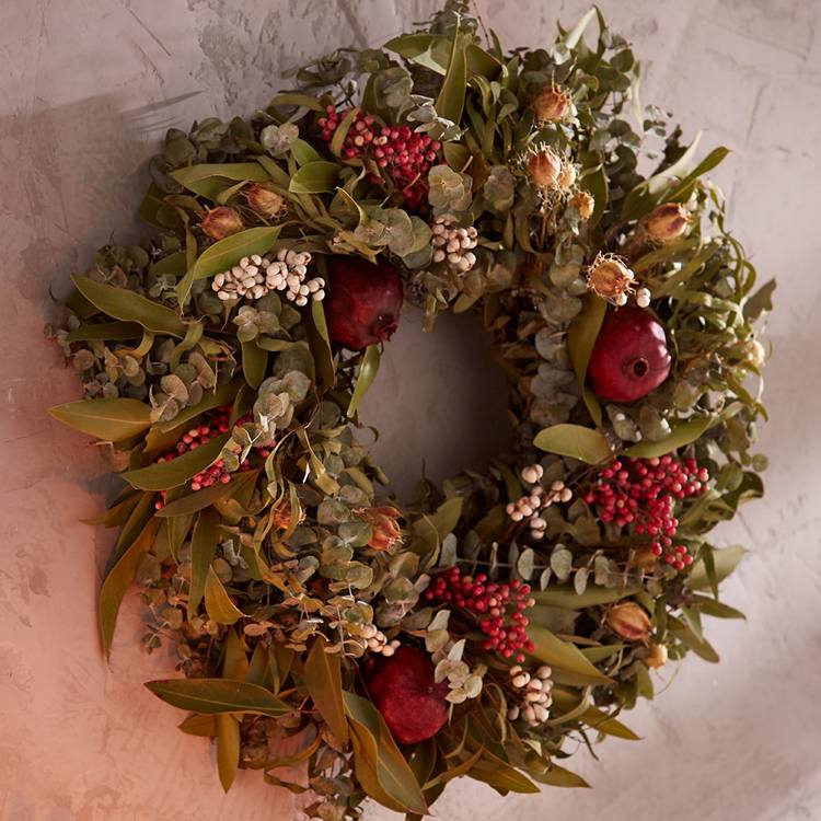 Coroană de ușă fructe de eucalipt de iarnă rodii