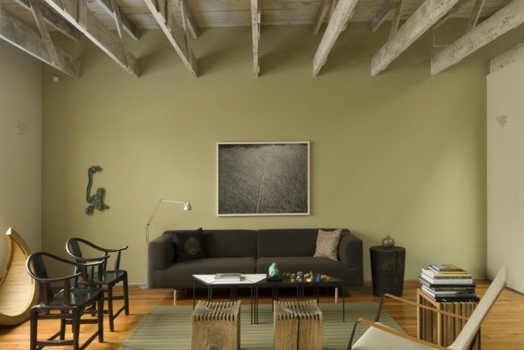 Design living în verde pastel - stil rustic modern - paletă de culori Exemplu de idei de design pentru camera de zi verde stil rustic modern