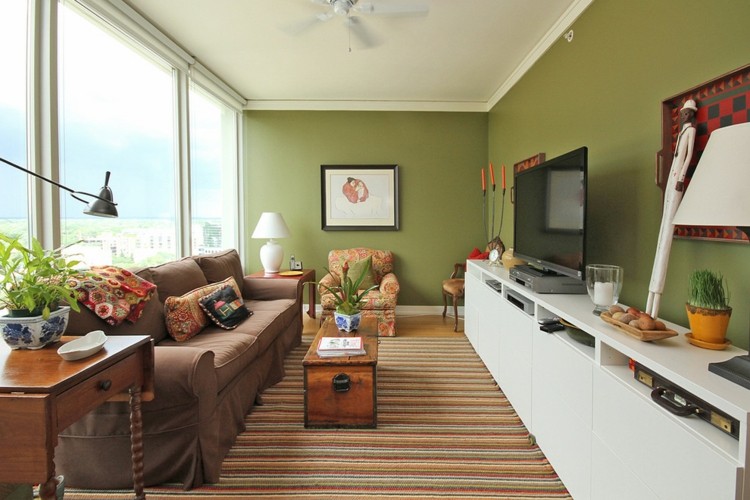Mobilarea unui living îngust - idee modernă Design verde perete design covor dungi canapea culoare ciocolata