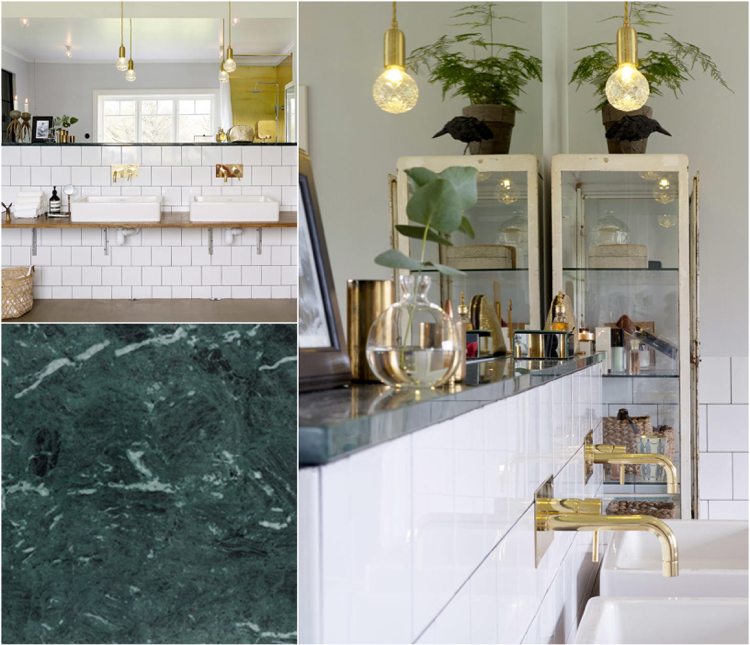 Raft de perete din gips carton pentru baie deasupra blatului din marmură verde