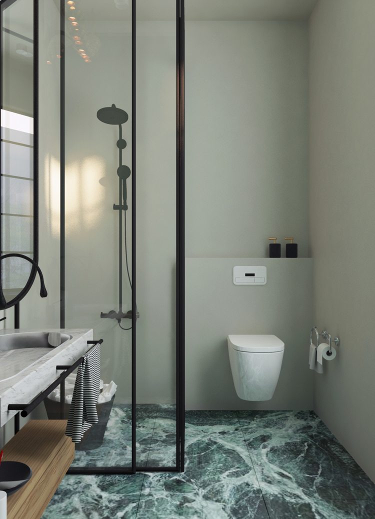 gresie de marmură verde ca podea glisantă duș de sticlă fitinguri negre