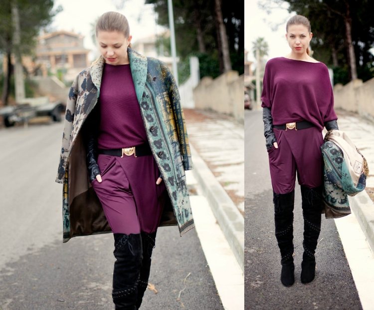 Ținută completată cu o centură Gucci Salopetă centură Gucci violet cizme din piele neagră