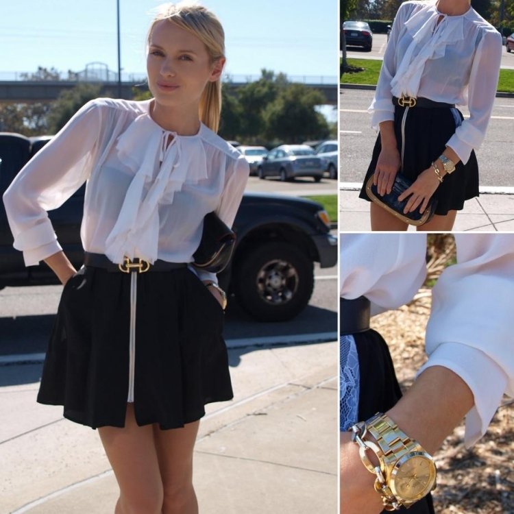 Curea neagră Gucci în combinație cu o fustă scurtă Bluză albă cu mini fustă centură Gucci