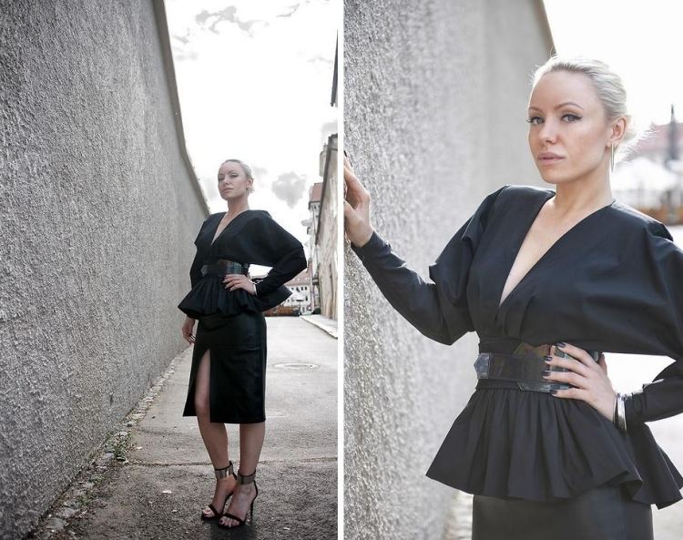 Costum din două piese - bluză neagră elegantă și fustă creion Fustă creion bluză neagră centură Gucci