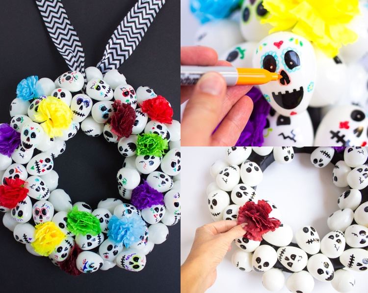 Faceți o coroană de ușă pentru Halloween, vopsiți cranii și decorați cu flori de țesătură
