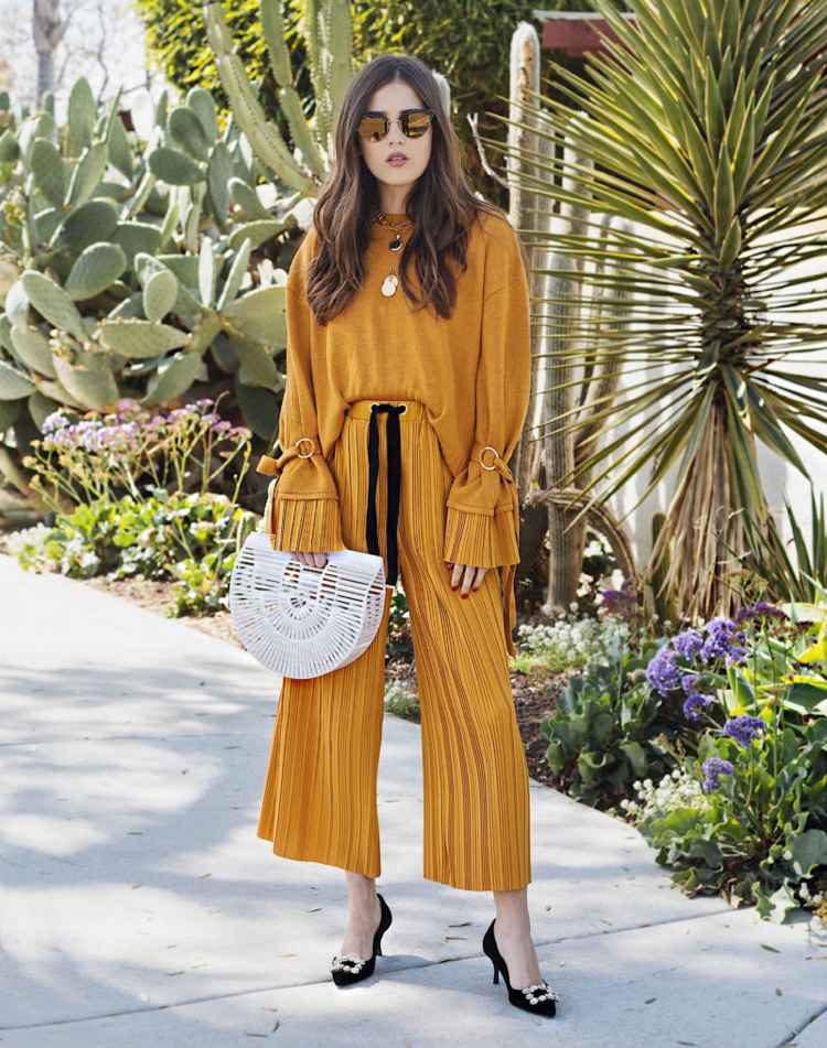 Genti din lemn bluza galben mustar pantaloni pantaloni largi