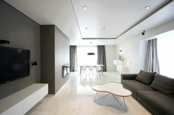 Mobilier pentru casă - sufragerie în gri și alb living canapea casa canapea masuta lowboard high gloss minimalist
