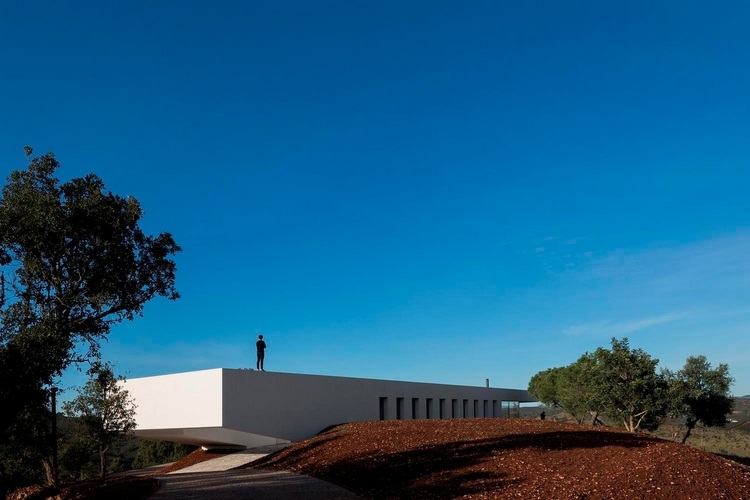 partea din spate a unei case cu un etaj, cu o parte plutitoare înconjurată de copaci și pământ