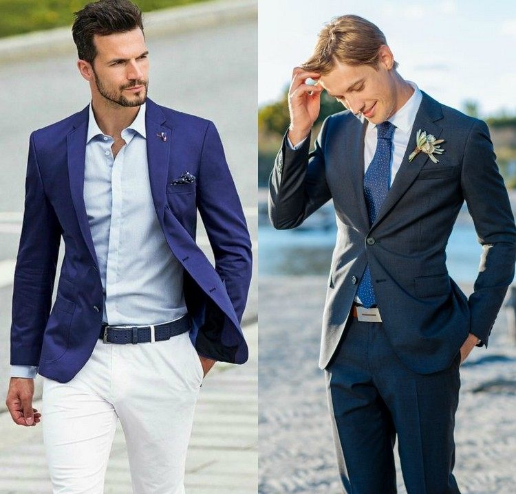 Costum pentru mire - blazer albastru, cămașă albă și pantaloni albi Nunta Costumele Albastre Plaja Cravate Mirele