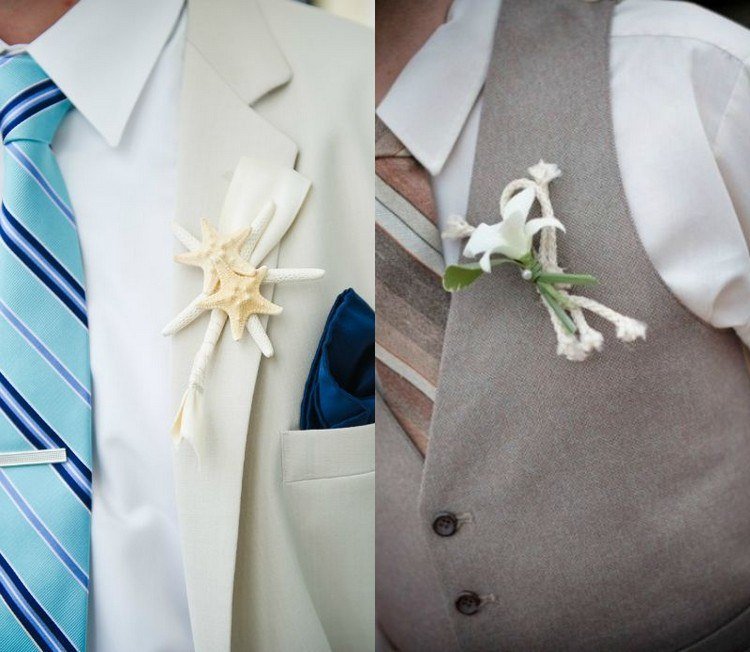 Poartă o cravată cu dungi albastre și albe și o butonieră cu stea de mare Nunți Plajă Stea de Mare Cravată Stripe Floare Boutonniere